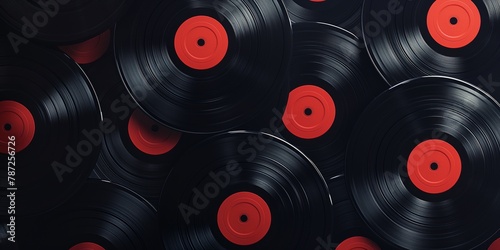 An array of vinyl records with eye-catching red labels stand out against a dark, moody background, invoking retro music vibes