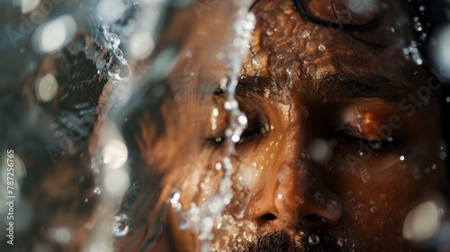 A man with his eyes closed, his face obscured by water being poured over his head in a baptismal moment