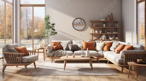 A modern living room with a large sofa, coffee table, rug, and bookshelf.