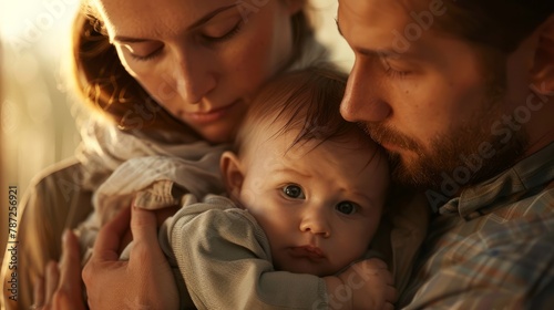 A man and woman cradle their concerned baby in their arms, showing care and concern