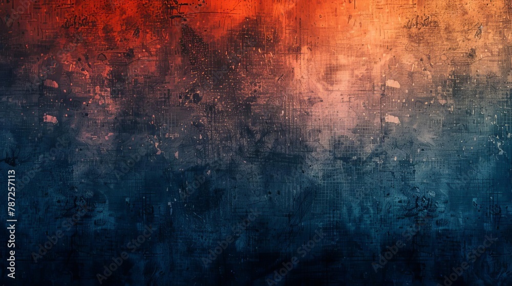 grungy black blue orange and red gradient with grainy noise texture abstract background