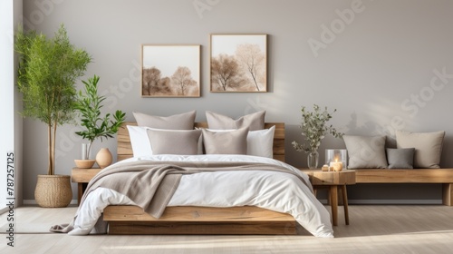 A bedroom with a large wooden bed, two paintings on the wall, a plant, and a bench at the end of the bed.