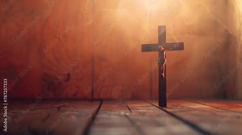 Naklejka premium Religious crucifix cross upright on wooden table background with copy space : Generative AI