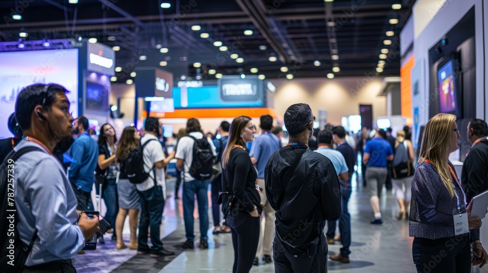Group of attendees standing and networking around a bustling convention hall during a tech conference or expo showcasing innovation - obrazy, fototapety, plakaty 