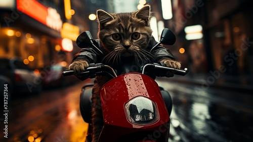 A cat rides a motorcycle through a city street.