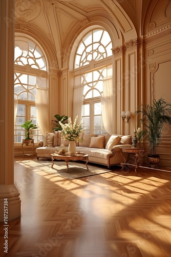 Elegant living room interior with large windows and parquet floor