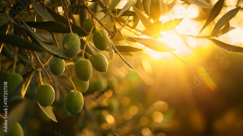 Ripe green olives hang from branches of an olive tree as the sun sets, casting a warm glow over the scene