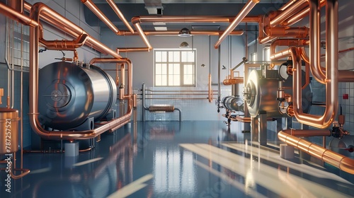 industrial boiler room with copper pipes modern heating system equipment 3d illustration photo