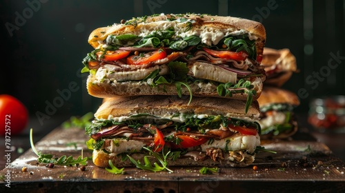 Two delicious sandwiches are stacked on top of each other, showcasing layers of fillings and bread