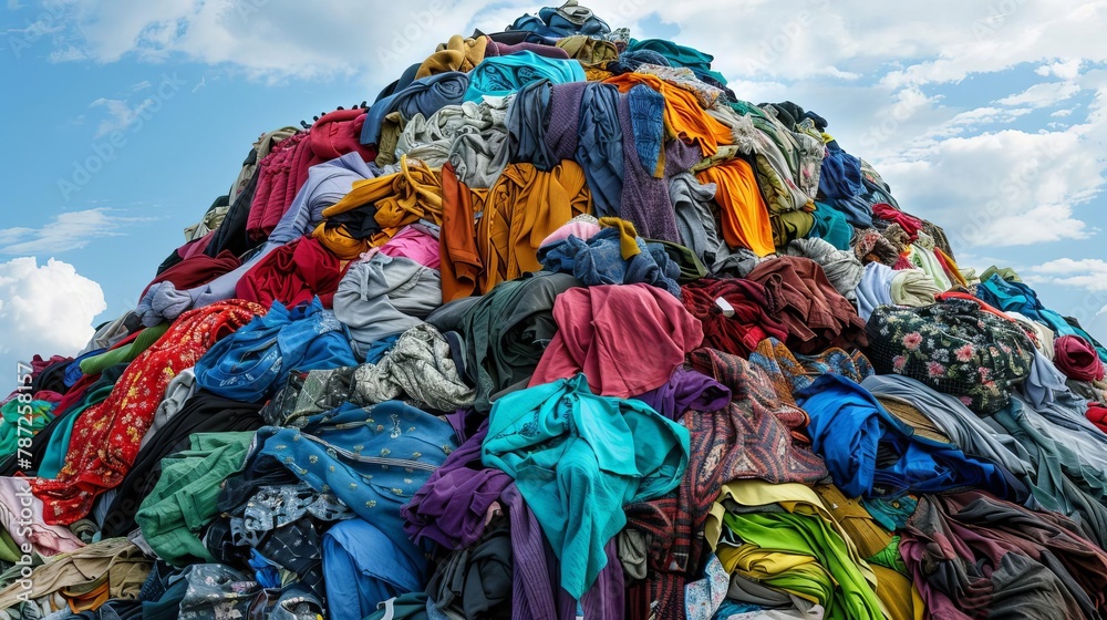 large pile of textile fabric clothes representing fashion industry pollution and need for recycling and sustainability concept photo