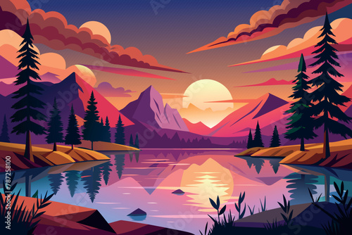 Sunset Lake Landscape cartoon vector Illustration flat style artwork concept