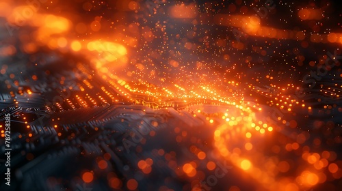 A close-up of a computer chip, with data flowing like a river of light across its surface.