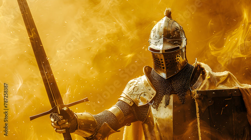 Epic photoshot of a noble knight in shining armor wielding a mighty sword, against a golden studio background.
