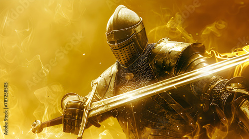 Epic photoshot of a noble knight in shining armor wielding a mighty sword, against a golden studio background.