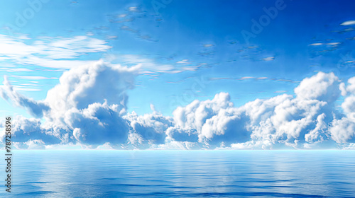 A beautiful blue sky with clouds and a calm ocean