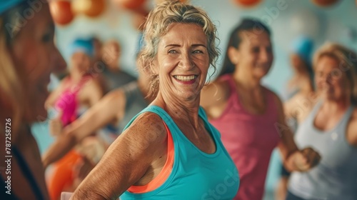 middleaged women enjoying joyful zumba dance class with friends active lifestyle