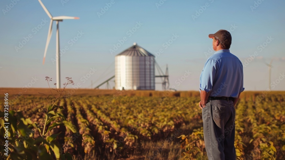 Fototapeta premium A man stands at the edge of a biofuel crop field observing a center pivot irrigation system at work. A large water tank can be seen nearby supplying the system with water. In the distance .
