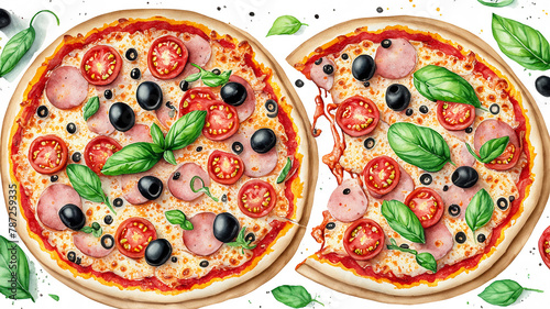 Watercolor illustration of a delicious pizza Margherita with tomato, cheese, and basil 