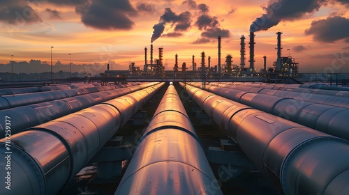 Industrial Pipes Leading to a Factory at Sunset. Oil and Gas Industry Infrastructure. Energy Production Concept with a Beautiful Sky. AI