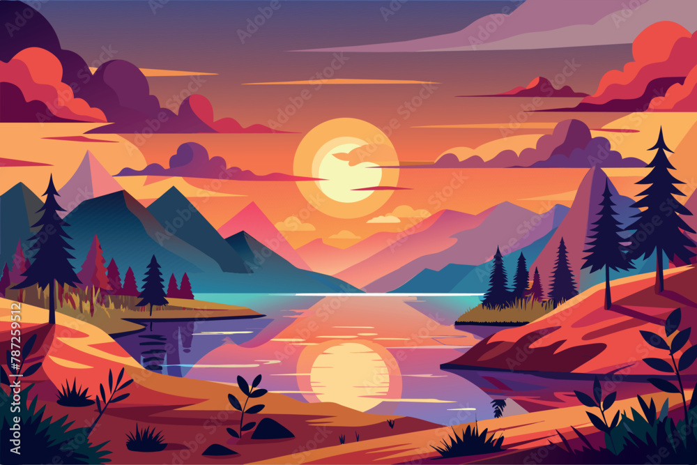 Sunset Lake Landscape cartoon vector Illustration flat style artwork concept