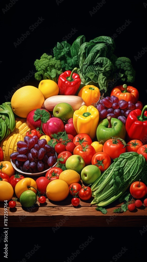 A variety of fruits and vegetables are arranged on a wooden table.