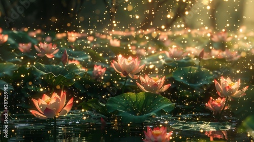 A sea of bright delicate flowers creating a beautiful explosion in the serene lotus pond.