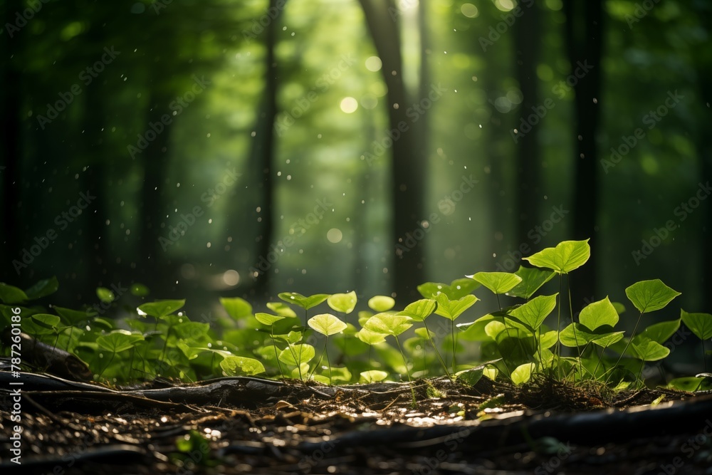 Sunlight shines through the leaves onto small trees in a beautiful lush forest Sunlight shines through the leaves onto small trees in a beautiful lush forest