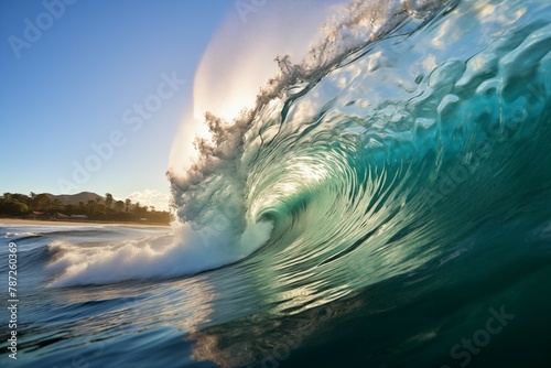 Beatiful big waves in a clear sea at sunset © kenkuza