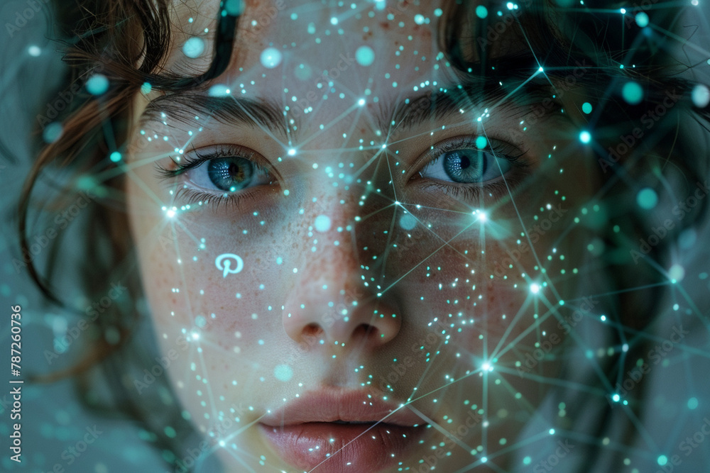 An illustration of a person's face with social media icons superimposed ...