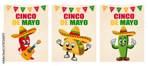 Cinco de Mayo holiday in Mexico. characters of chilli pepper, tacos, cactus playing guitar and dancing
