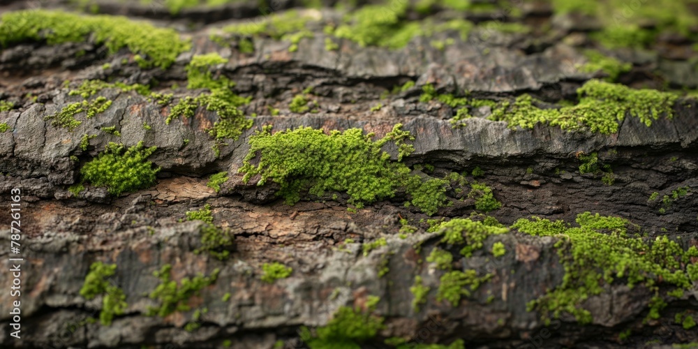A detailed close-up of vibrant green moss growing on the rough textured surface of an old tree bark, depicting natural details