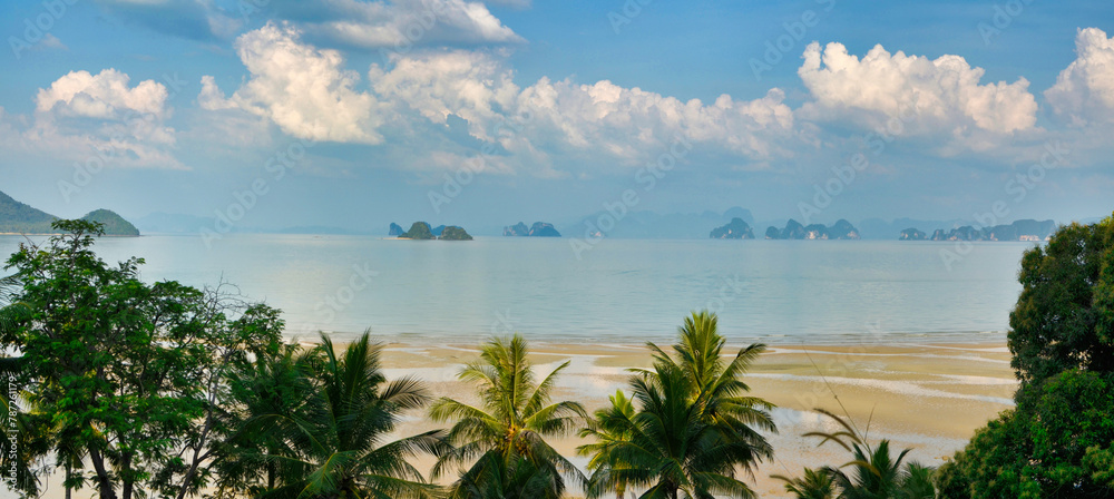 Exotic Beach Panorama Thailand Palms Blue Sky Clouds
