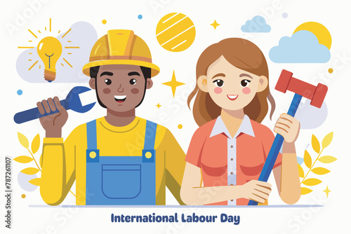 Young Construction workers web page vector illustration for workers day, cartoon construction team