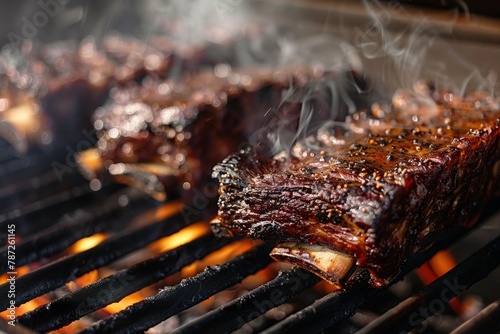 Beef short ribs on the grill close up of meat with smoke. Generate AI image