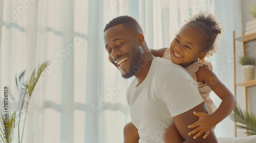 Happy black African American father daughter playing at home living room Afro man carry piggyback little toddler girl Cheerful family bonding together fathers day concept banner with c : Generative AI