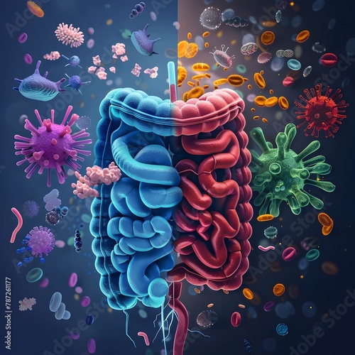 Contrast of Unhealthy and Healthy Gut Microbiomes Showcasing the Benefits of Probiotic Supplementation for Overall Well Being photo