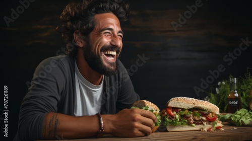 Bearded man laughing with open faced sandwich on wooden table