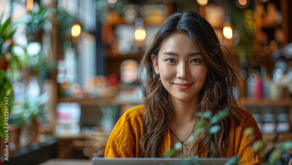 Smiling Asian businesswoman on a laptop at a vibrant coffee shop