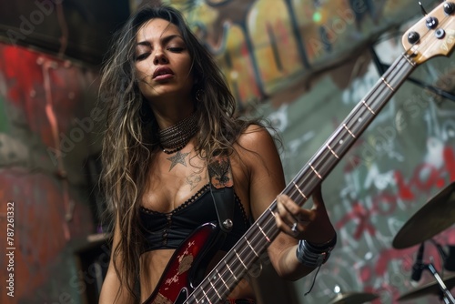 Confident female bass player performing live on stage photo