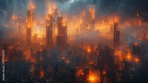 A futuristic cityscape at night, with skyscrapers made of glowing data streams and neon lights.