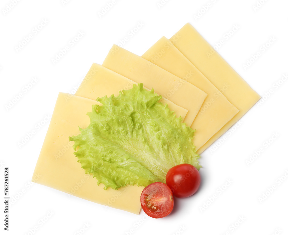 Slices of tasty fresh cheese, tomatoes and lettuce isolated on white, top view Slices of tasty fresh cheese, tomatoes and lettuce isolated on white, top view