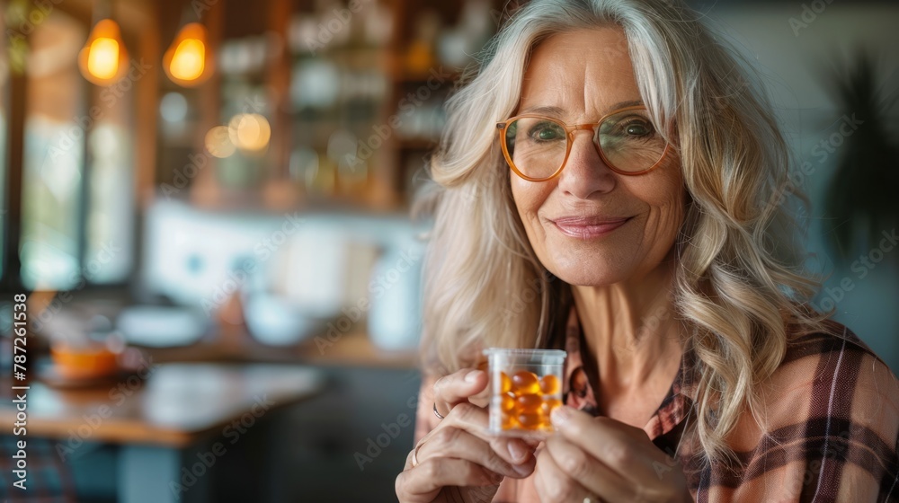 Smiling senior woman holding a container of pills