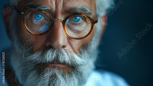 Close-up portrait of a senior man with blue eyes wearing round glasses. Intense and wise facial expression suggesting life experience and stories photo