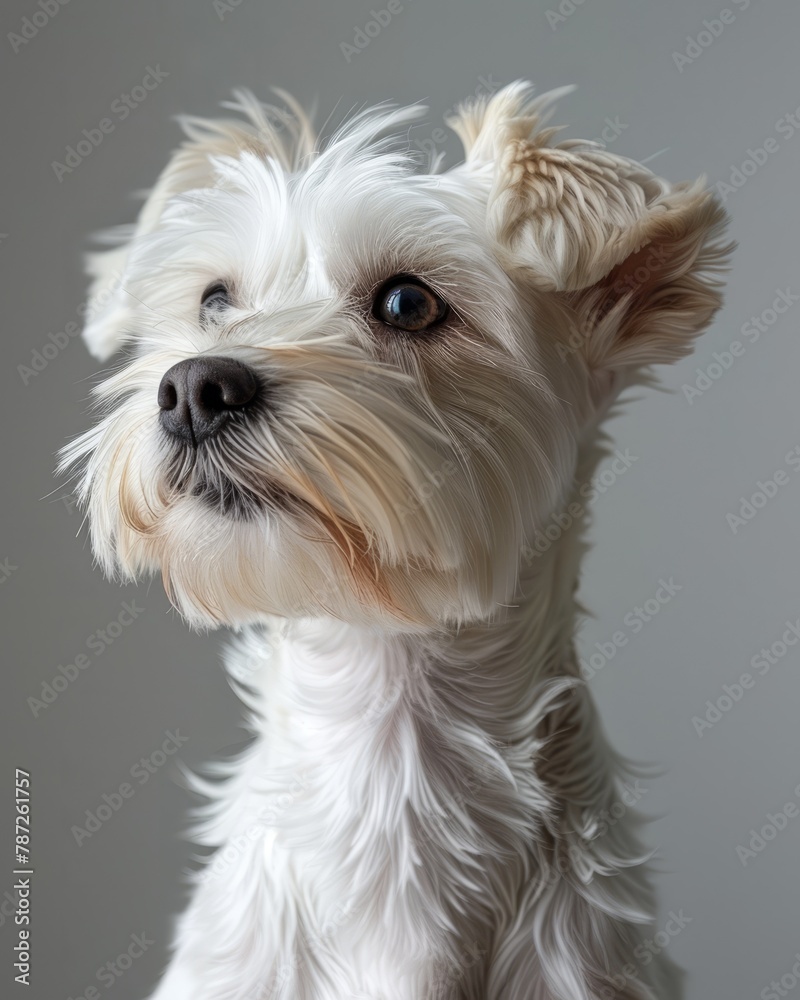 A white dog looking up