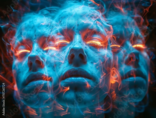 Vibrant digital artwork featuring a human face with psychedelic neon patterns and glowing eyes.