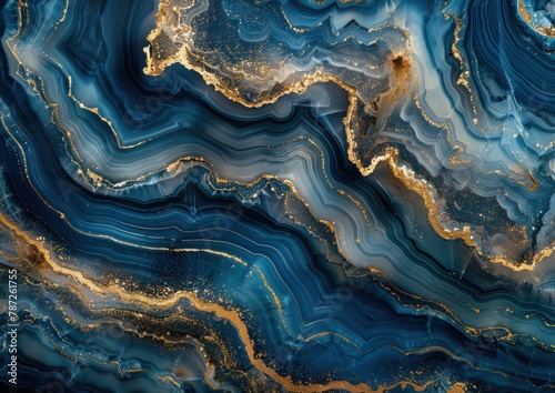AI-generated illustration of abstract blue layers with elegant gold accents