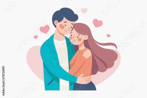 Young loving smiling couple boy and girl standing hugging embracing each other feeling in love vector illustration
