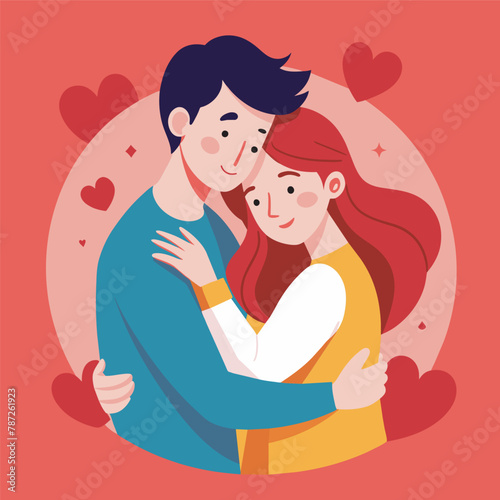 Young loving smiling couple boy and girl standing hugging embracing each other feeling in love vector illustration