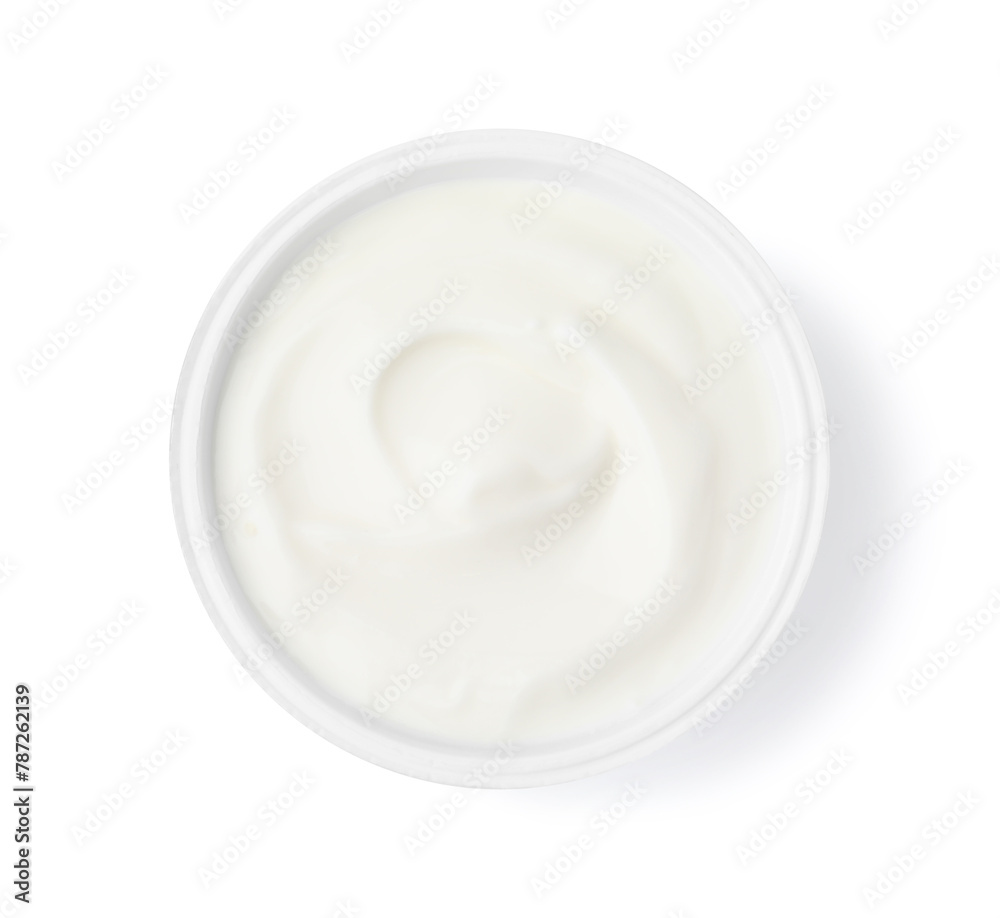 Delicious natural yogurt in plastic cup isolated on white, top view Delicious natural yogurt in plastic cup isolated on white, top view