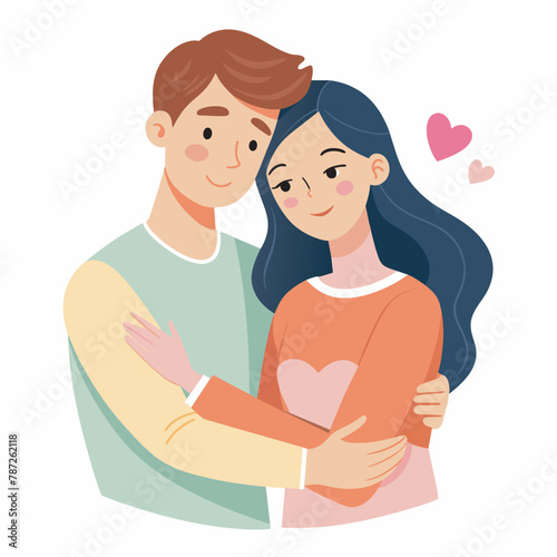 Young loving smiling couple boy and girl standing hugging embracing each other feeling in love vector illustration